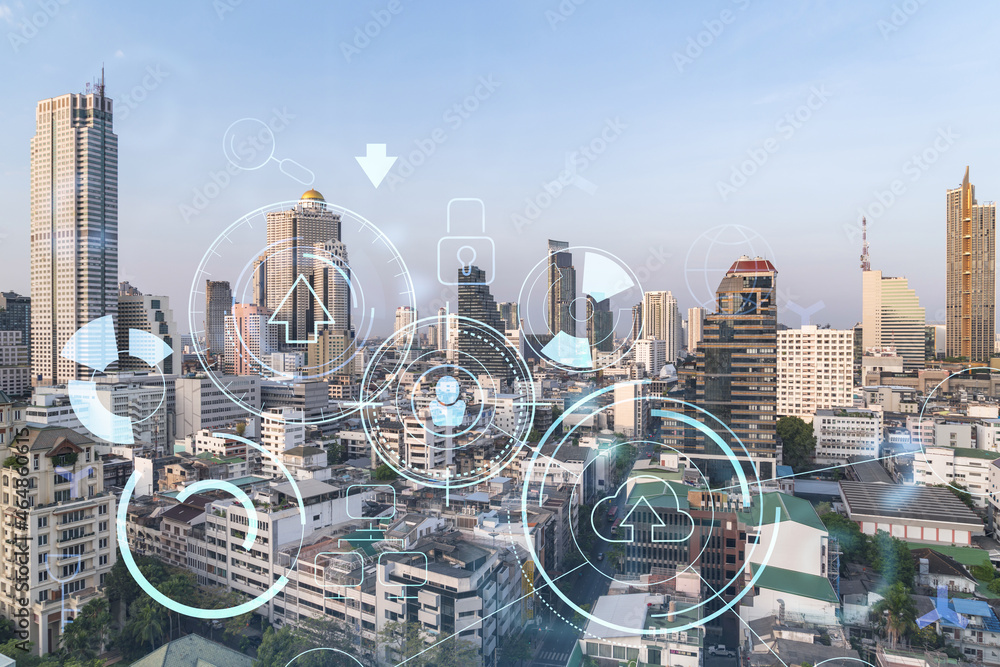 Poster technology hologram over panorama city view of bangkok. the largest tech hub in southeast asia. the 