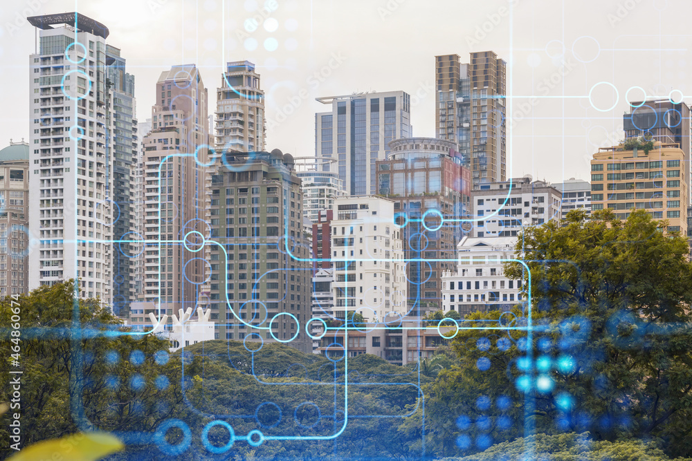 Poster technology hologram over panorama city view of bangkok. the largest tech hub in southeast asia. the 
