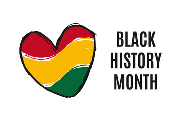 Black History Month. African American history flag. Hand drawn heart red, yellow, green color on white background. Poster, placard, card, banner concept design. Vector illustration