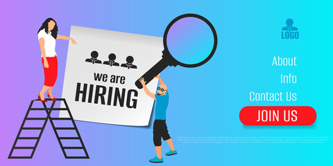 We are hiring. Online recruitment concept design. Template for web landing page, poster, banner, presentation, social media. Vector illustration