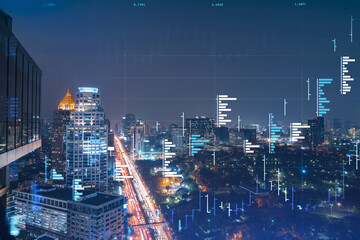 FOREX graph hologram, aerial night panoramic cityscape of Bangkok, the developed location for stock market researchers in Southeast Asia. The concept of fundamental analysis. Double exposure.