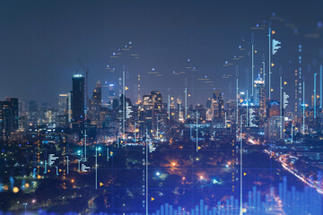 FOREX graph hologram, aerial night panoramic cityscape of Bangkok, the developed location for stock...