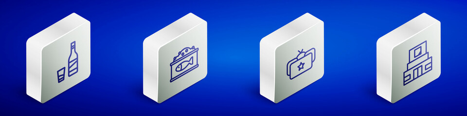 Set Isometric line Bottle of vodka with glass, Tin can caviar, Ushanka and Mausoleum Lenin icon. Vector