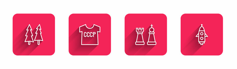 Set line Christmas tree, USSR t-shirt, Chess and Rocket ship with long shadow. Red square button. Vector