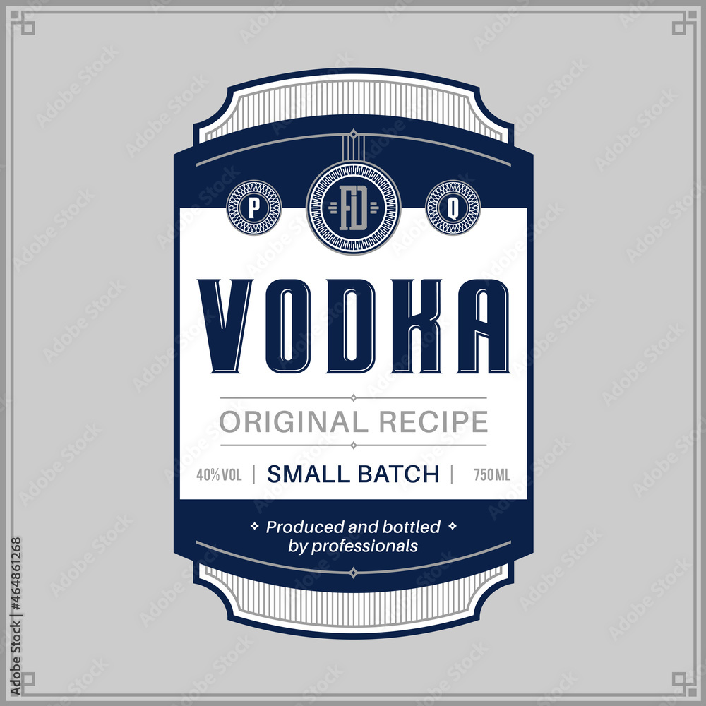 Wall mural Vector blue and white vodka label isolated on a grey background. Distilling business branding and identity design elements