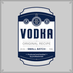 Vector blue and white vodka label isolated on a grey background. Distilling business branding and identity design elements