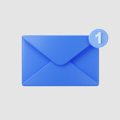 3d blue closed mail envelope icon with marker new message isolated on grey background. Render new unread email notification. 3d realistic minimal vector