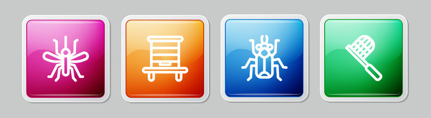 Set line Mosquito, Hive for bees, Beetle bug and Butterfly net. Colorful square button. Vector