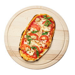 Delicious pizza served on wooden plate isolated on white background. File contains clipping path. 