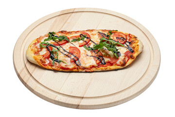 Delicious pizza served on wooden plate isolated on white background. File contains clipping path. 