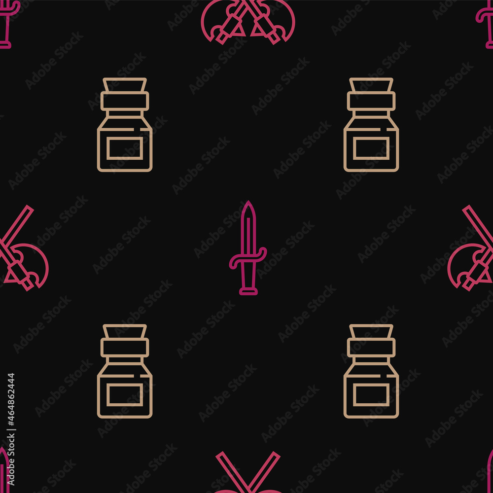 Poster set line crossed medieval axes, poison in bottle and dagger on seamless pattern. vector