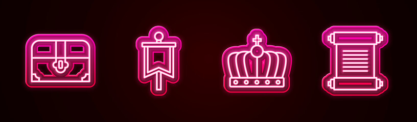 Set line Antique treasure chest, Medieval flag, King crown and Decree, parchment, scroll. Glowing neon icon. Vector