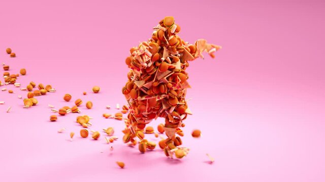 A creature made of fast-foods running and losing some parts of itself. Obesity.