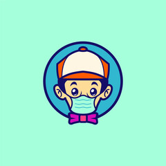 Cartoon, Vintage, Colorful, Student Kids Wearing Medical Mask Character Vector.