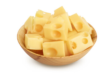 cubes of cheese in wooden bowl isolated on white background with clipping path and full depth of field