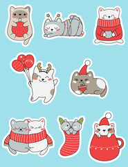 Cute christmas kawaii cats stickers. Vector illustration.