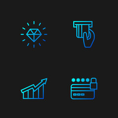 Set line Credit card with lock, Financial growth increase, Diamond and inserted. Gradient color icons. Vector