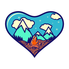 Cartoon Love Shaped Outdoor Adventure And Camping Vector T-shirt Design