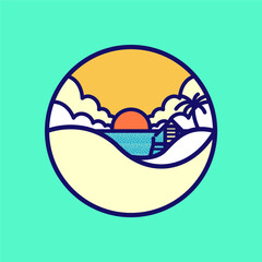 Flat Panoramic Beach Sunset Icon Vector Illustration