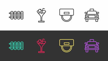 Set line Heating radiator, Martini glass, Bellboy hat and Taxi car on black and white. Vector