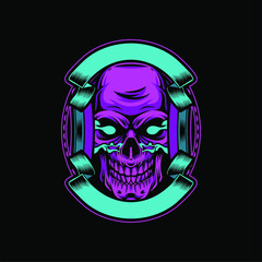 Violet And Blue Neon Colored Skull Badge T-shirt Design Illustration