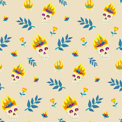 Seamless pattern with burning skulls, twigs, bonfires and flowers in fantasy style on light beige background
