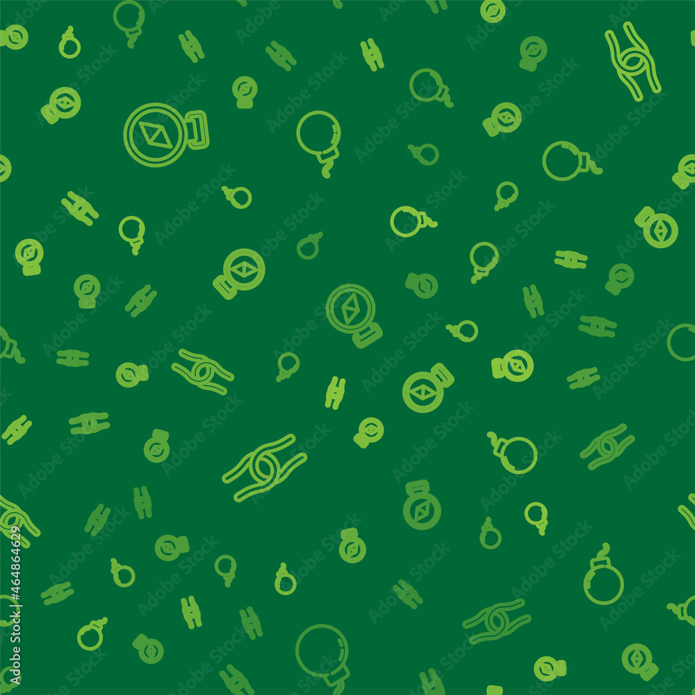 Poster set line compass, rope tied in knot and bomb ready to explode on seamless pattern. vector