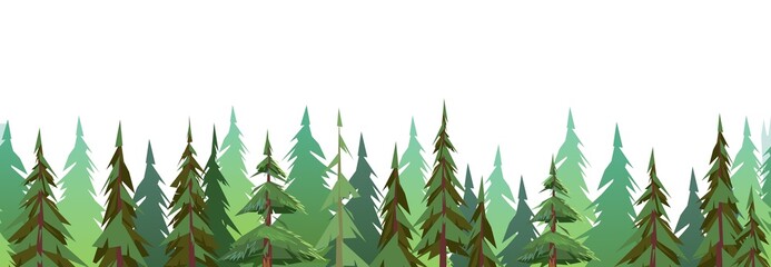 Forest trees. Coniferous fir and pine. Isolated on white background. Seamless horizontal illustration in cartoon style flat design. Vector