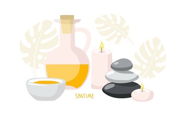 Spa time. Massage stones, candles, monster leaves, oil botle and bowl In fashionable modern style. Beauty spa treatment and relax concept for wellness, thai massage, meditation center, home spa.