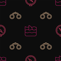 Set line Compass, Binoculars and Shark fin ocean wave on seamless pattern. Vector