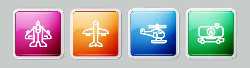 Set line Jet fighter, Plane, Helicopter and Fuel tanker truck. Colorful square button. Vector
