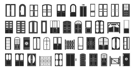 Exterior door isolated vector illustration on white background . Vector black set doorway. Black set icon entrance door.