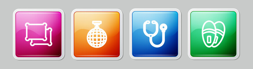 Set line Pillow, Disco ball, Stethoscope and Slippers. Colorful square button. Vector