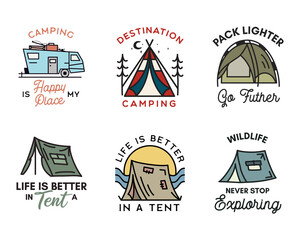 Camping adventure badges logos set, Vintage travel emblems. Hand drawn line art stickers designs bundle. Hiking tent journey, campers quotes labels. Outdoor camper insignias. Stock set
