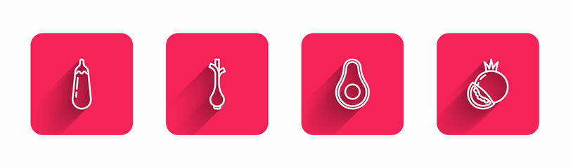 Set line Eggplant, Fresh green onions, Avocado fruit and Tomato with long shadow. Red square button. Vector