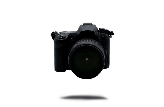 Black digital camera isolated on white background with clipping path