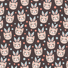 cute vector seamless pattern with cartoon brown cat faces with rabbit ears and dots. it can be used as wallpaper, poster, print for clothes, fabrics, textiles, notebooks, wrapping paper.