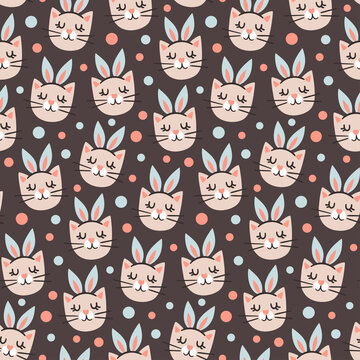 cute vector seamless pattern with cartoon brown cat faces with rabbit ears and dots. it can be used as wallpaper, poster, print for clothes, fabrics, textiles, notebooks, wrapping paper.