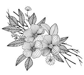 One black outline flower, branch and leaves.Isolated on white background.Hand drawn.For floral design, cosmetic products,greeting card,invitations,coloring book. Vector stock illustration.