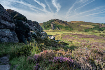 Panoramic view of The Roaches from Hen Cloud in the Peak District National Park.