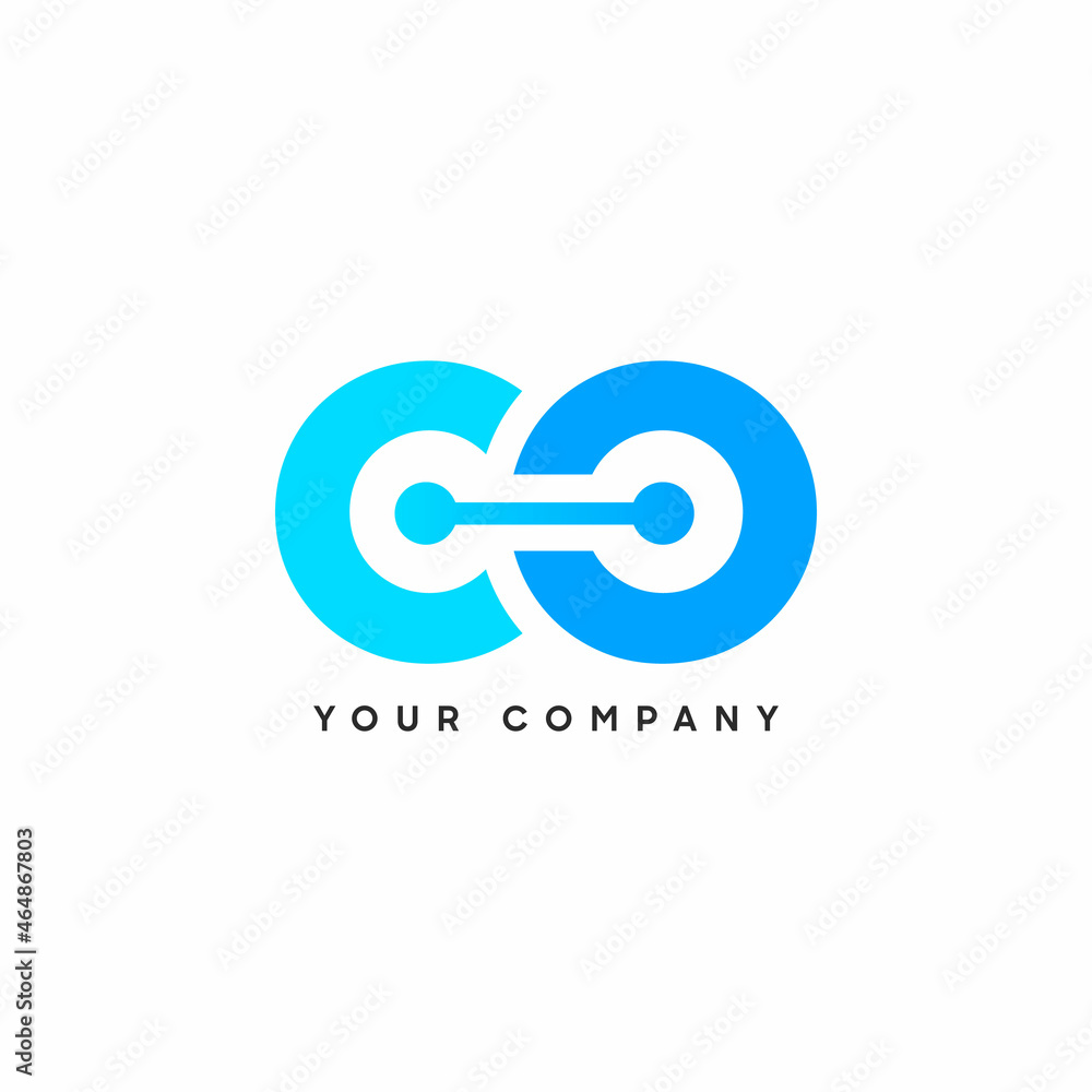 Poster Abstract Initial Letter C and O Turquoise and Blue Connected Linked Logo with dots. Usable for Business and Technology Logos. Flat Vector Logo Design Template Element.