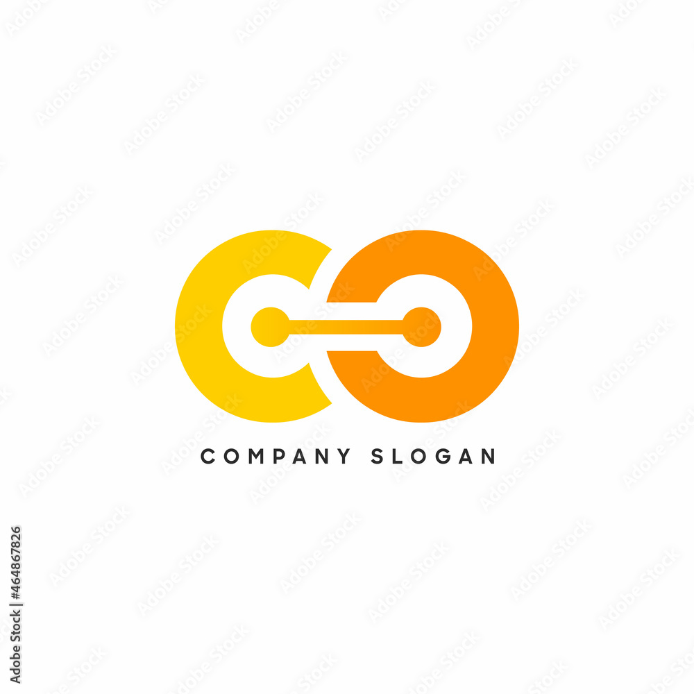 Poster Abstract Initial Letter C and O Orange and Yellow Connected Linked Logo with dots. Usable for Business and Technology Logos. Flat Vector Logo Design Template Element.