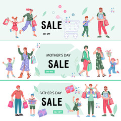 Set of banners and flyers for store sale events with people. Special Discount offers promotional banners for Family Shopping, Father and Mother Day sales.