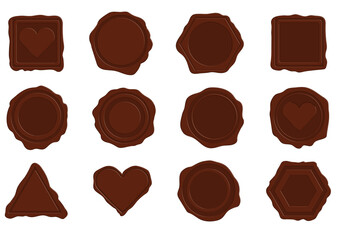 Retro wax seals. Set of isolated  on white brown stamps for certificate and document, letter, envelope. Certification, guarantee and quality mark. Postage, mail.