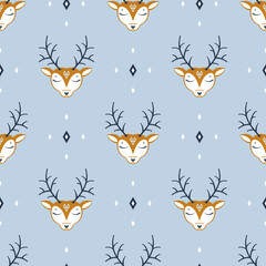 Deer Head with Diamond Shapes Vector Seamless Pattern. Reindeer Boho Background