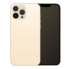 New model Apple iPhone 13 Pro Max gold, front and back design smartphone, flat design mobile phone vector stock illustration