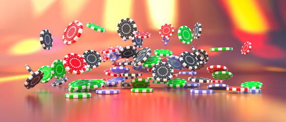 Poker chips falling on casino table. Gambling, betting and games of chance. 3d illustration