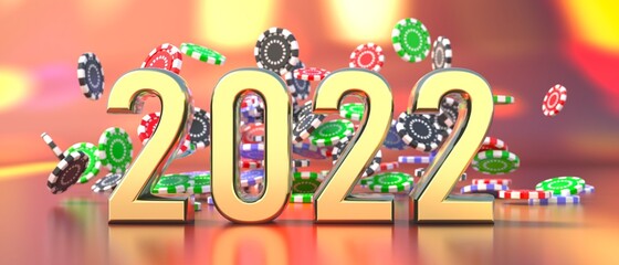 2022 New Year celebration and poker chips falling on casino table. 3d illustration