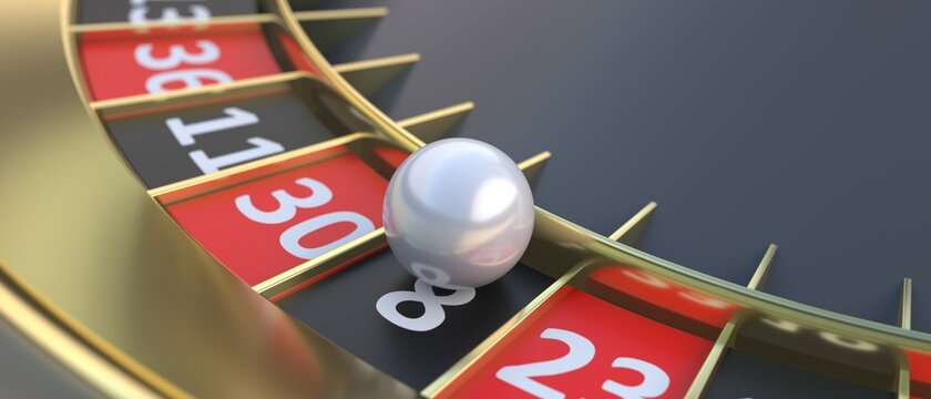 Casino roulette, ball stopped on black 8  number closeup. Gambling and betting. 3d illustration