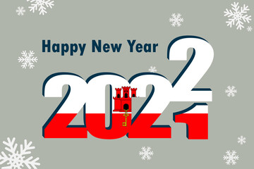 New year's card 2022. An element of the flag of Gibraltar, a festive inscription and snowflakes are depicted. It can be used as a promotional poster, postcard, website, or national greeting.